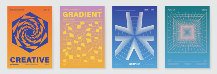Aufkleber - Modern gradient poster background vector set. Cover template with vibrant perspective geometric prism shapes, line. Ideal design for social media, cover, banner, flyer.
