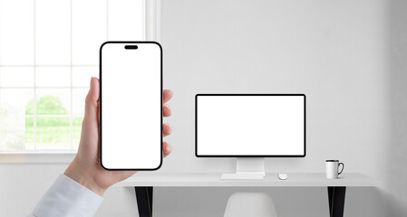 Leinwandbilder - Office scene with phone and desktop monitor mockups, perfect for showcasing fintech apps, investment dashboards, or secure client platforms