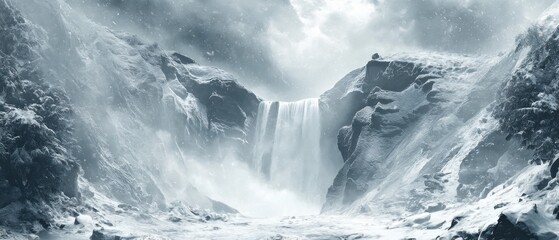 Majestic Waterfall Cascading Through Snowy Cliffs in Winter Landscape Scenic View Cold Weather Nature Photography
