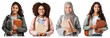 © Rawpixel.com - PNG Four diverse women holding books, smiling transparent background.