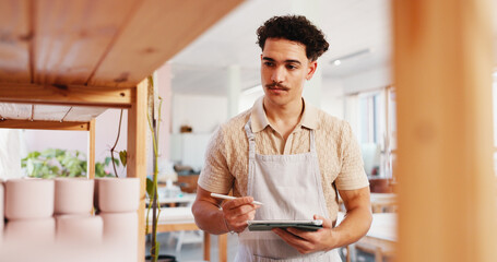 Poster - Ceramic, pottery and man with tablet in workshop for inventory management, stock inspection or quality control. Small business, potter and digital checklist for product supply, art pricing or invoice
