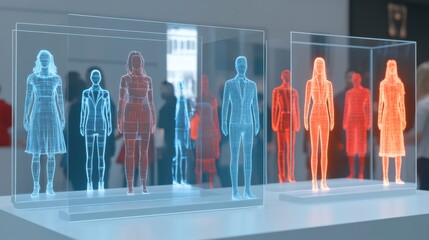 Aufkleber - Cutting edge holograms display metahuman avatars in a contemporary gallery, symbolizing the evolution of identity and society in a future shaped by artificial intelligence and cyberspace.