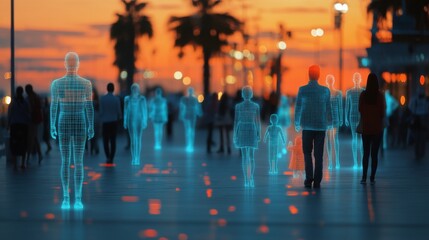 Aufkleber - In a bustling urban setting during twilight, individuals interact with holographic avatars, navigating the vibrant streets. The atmosphere blends technology and human connection.