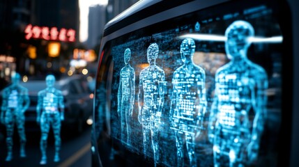 Poster - Citizens interact in a high tech urban environment where holographic avatars represent their identities within an AI governed society, showcasing a blend of reality and cyberspace.