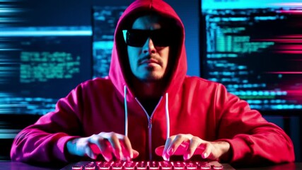 Hacker in hood typing on keyboard with code on screens. Cybercrime, hacking, cybersecurity, phishing and internet security concept.