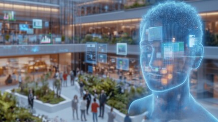Poster - In a bustling, futuristic urban space, holographic avatars of individuals engage in virtual dialogues while surrounded by greenery and advanced technology, depicting life in a posthuman society.