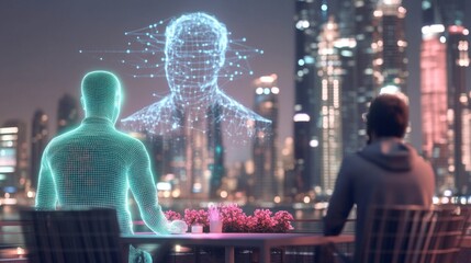 Poster - A virtual avatar interacts with a human in a cybernetic metropolis, reflecting advanced AI governance and the evolution of identity in a future society.