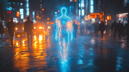 Poster - People walk through a neon lit urban landscape at night while a holographic figure embodies the fusion of technology and identity in this advanced society.
