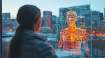 Poster - A person gazes at a glowing holographic avatar displaying intricate details of the human form, reflecting on identity, technology, and the essence of life in a futuristic cityscape.