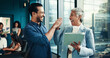 © peopleimages.com - High five, team and tablet with business people in office for success, growth performance and smile. Portfolio profit, investor achievement and account bonus with employees in agency for support