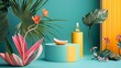 © Juan - Tropical summer pastel decor with leaves and podiums for abstract design photography scene setup composition vibrant creative