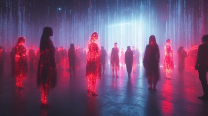 Poster - Visitors navigate a virtual environment filled with glowing holographic avatars, highlighting themes of identity, technology, and the future of AI governance in a posthuman world.