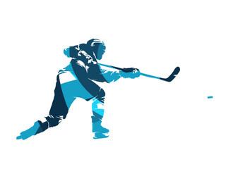 Wall Mural - Hockey player shooting puck. Ice hockey winter team sport. abstract blue isolated vector silhouette, side view