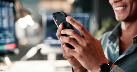 Leinwandbilder - Business, hands and man with cellphone, smile and professional with communication. Night, person and investor in office, smartphone or chatting with connection, email and digital app for stock market