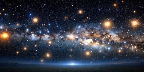 Wall Mural - Dense group of twinkling stars against a velvety black night sky with few clouds scattered in the horizon