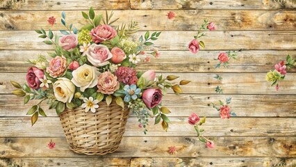 Wall Mural - delicate floral bouquet weaving seamless woven pattern on a distressed wooden background, texture