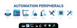 © tru3_Art - Automation peripherals banner web icons vector illustration concept for industrial automation manufacturing with an icon of sensor, control panel, conveyor , soldering, arm robot, satellite, and tools