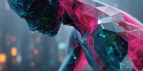 Wall Mural - close-up of a polygonal translucent humanoid figure with glowing pink and blue hues, intricate wiref