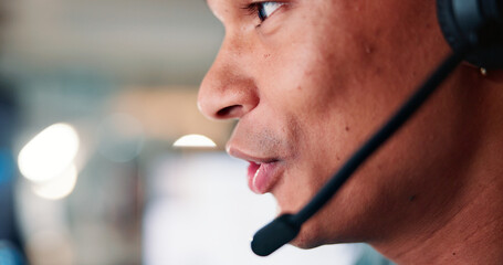 Aufkleber - Business, microphone and man with closeup, call centre and conversation with advice. Happy person, employee and agent in office, consultation and headset with mouth, professional and telemarketing