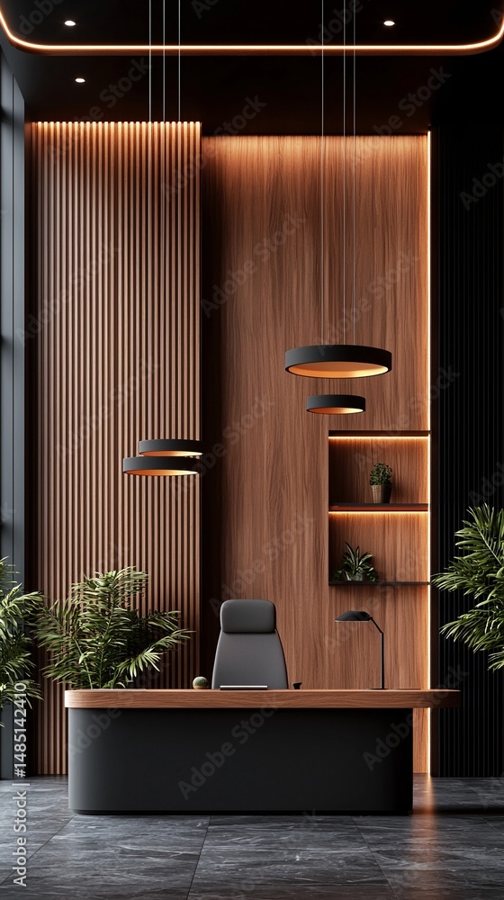 Modern Minimalist Home Office with Wooden Desk and Dark Accents Stock ...