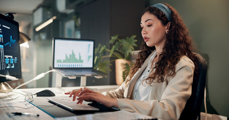 Aufkleber - Woman, typing and computer with trading, graphs and review for revenue report in office at company. Person, keyboard and statistics at night, charts and research with info for stock market at agency