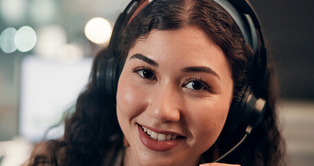 Poster - Headset, woman and portrait of call center agent in office at night for crm, help desk or lead generation. Happy, overtime and tech support consultant with communication, consultation or contact us.