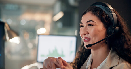 Aufkleber - Headset, woman and call center agent in office at night for crm, helpdesk or internet service provider. Happy, overtime and tech support consultant with communication, consultation or contact us.