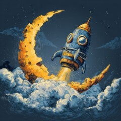 Wall Mural - A whimsical rocket launching from a cheese moon at night.