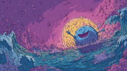 Wall Mural - Smiling planet adrift in a vibrant cosmic ocean.