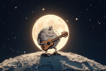 Wall Mural - Cartoon moon playing guitar under a bright moon.