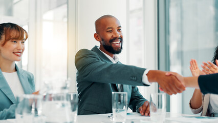 Poster - Businessman, shaking hands and applause at meeting, celebration and agreement at financial agency. Group, people and handshake for promotion, success and achievement with revenue growth at company