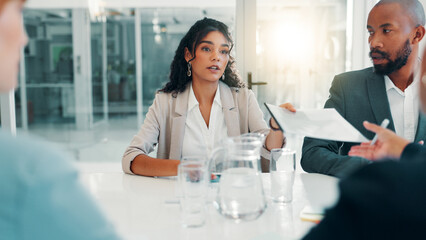 Aufkleber - Business, meeting and people with file in office for data analysis, budget forecasting or company performance. Financial analyst, collaboration and revenue report for finance projections and planning