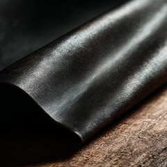 Poster - Abstract Close-up of Rolled, Distressed Black Leather Material with Subtle Texture on Wood Surface.