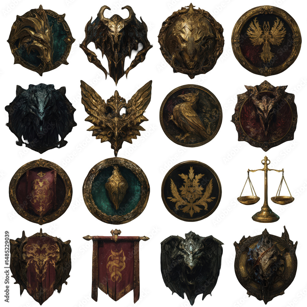 Crest Types Collection of various golden heraldic shields, crests, and symbols on a ...