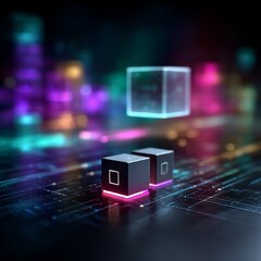 Fototapete - Cyberpunk Cubes: Futuristic Tech Landscape with Neon Glow, Representing Technology and Innovation
