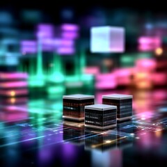 Leinwandbilder - Data Cubes: Abstract Computing Nodes in a Futuristic Holographic Digital Landscape with Vibrant Neon Lights.