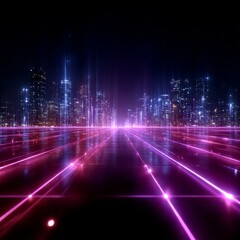 Poster - Futuristic Cityscape with Glowing Pink Gridlines and Reflections: A Cyberpunk Metropolis at Night