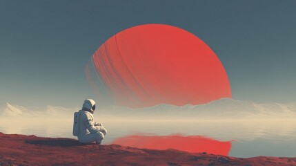 Wall Mural - solitary astronaut contemplates a crimson planet.