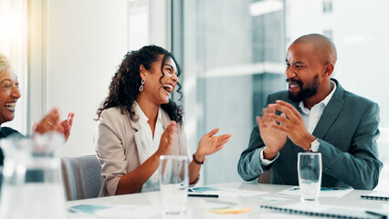 Aufkleber - Business people, applause and success at office with meeting, profit and goals at finance agency. Man, women and excited with cheers, celebration and achievement with revenue growth at company