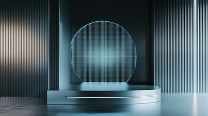 Aufkleber - Minimalist Product Display with Glowing Circle Backdrop and Sleek Metal Panels, Modern Studio Shot, Stage for Presentation