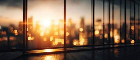 Poster - Sunset Cityscape View from Office Window, Modern Design, Warm Light, Urban Scene, Interior Perspective, Evening Glow, Contemporary