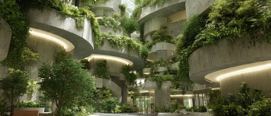 Poster - Lush Vertical Garden Interior at Eco-Friendly Building; Low Angle View of Sustainable Architecture with Concrete and Greenery