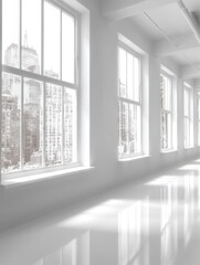 Fototapete - Bright white interior room with large windows overlooking city skyline, minimalist design, modern architecture, clean aesthetic, long hallway perspective