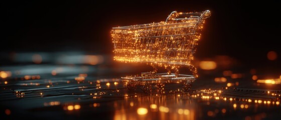 Aufkleber - Digital Shopping Cart Concept Glowing on Circuit Board Close Up Future of Retail and E Commerce Technology