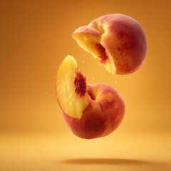 Aufkleber - Sliced Peach Floating in Air on Orange Background Studio Shot Close Up Detail Fresh Fruit Still Life
