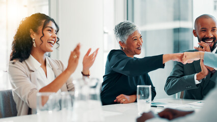 Poster - Woman, fist bump and applause at meeting, celebration or agreement at finance agency. Business people, team and smile with goals for promotion, success and achievement with revenue growth at company