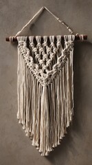 Poster - Close-up of a Handmade Macrame Wall Hanging on Textured Wall, Home Decor, Bohemian Style, Neutral Colors, Interior Design, Craft Project, Vertical Shot
