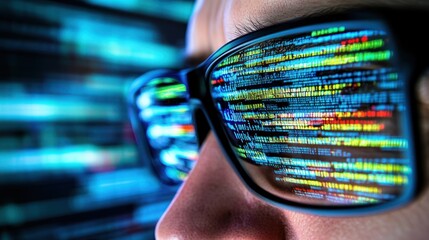 A close-up of a person's face, reflected in their glasses, shows lines of colorful computer code