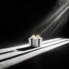 Aufkleber - Awaiting the Light: A Sole White Gift Box Illuminated by Ray's of Hopeful Sunlight in a Dark Environment