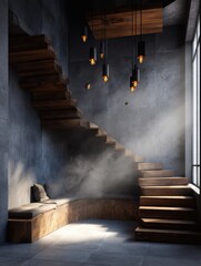 Leinwandbilder - Modern interior design showcasing wooden staircase and lounge area with hanging lights and natural light